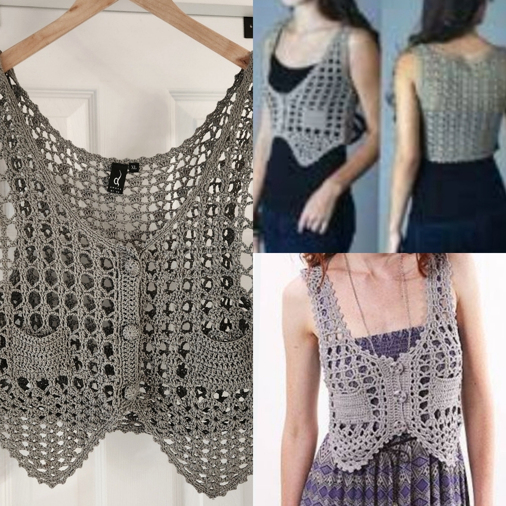 Awake By OS Gray Crochet Vest XL